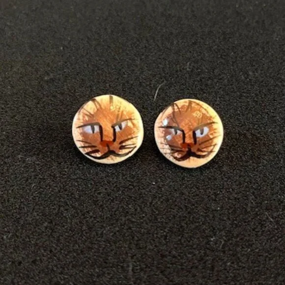 CAT FACE Earrings Glazed Ceramic Studs Artisan- Vintage - Picture 2 of 5
